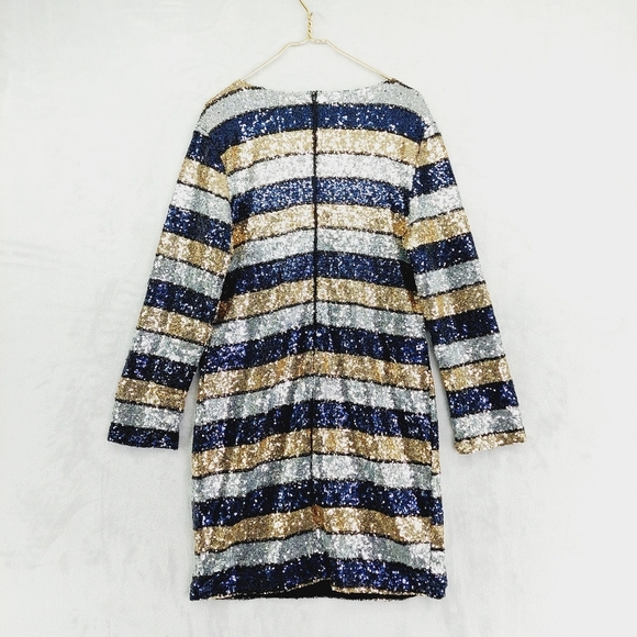 XTAREN Blue Gold Silver Striped Sequin Long Sleeve Evening Formal Dress P6871 - Picture 5 of 8